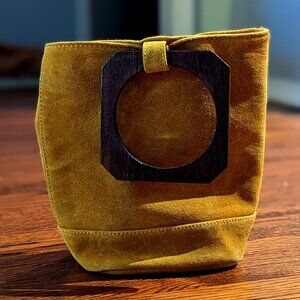 Suede Bucket Mini Handbag with Wooden Handles - Mustard